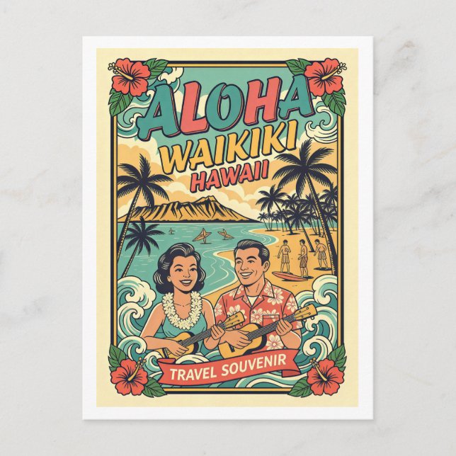 Postal Waikiki Hawái Viajes Retro (Anverso)