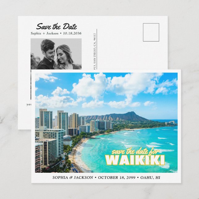 Postal Waikiki Wedding Save the Date Skyline Postcard (Anverso / Reverso)