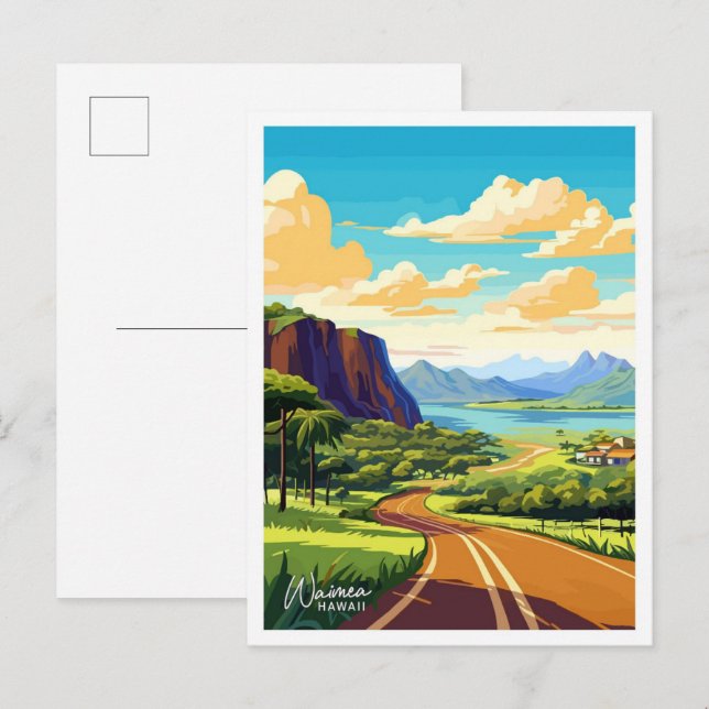 Postal Waimea Hawaii Viaje de arte ilustracion Vintage (Anverso / Reverso)