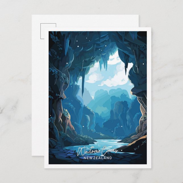 Postal Waitomo Cuevas ilustracion de viajes de Nueva Zela (Anverso / Reverso)