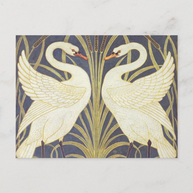 Postal Walter Crane Swan, Rush y Iris Art Nouveau (Anverso)