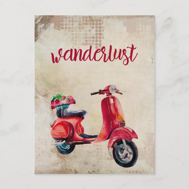 Postal Wanderlust - Cute Red Watercolor Moped (Anverso)