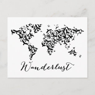 Postal Wanderlust, mapa del mundo con aves voladoras