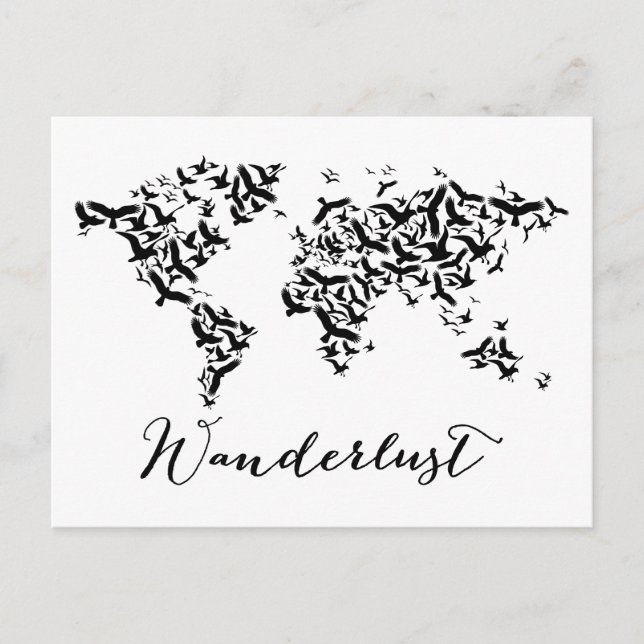 Postal Wanderlust, mapa del mundo con aves voladoras (Anverso)