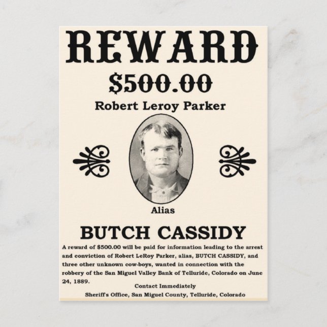 Postal Wanted Butch Cassidy (Anverso)