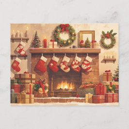Postal Warm Christmas Fireplace Scene