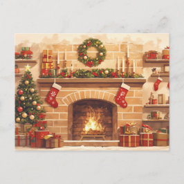 Postal Warm Christmas Fireplace Scene
