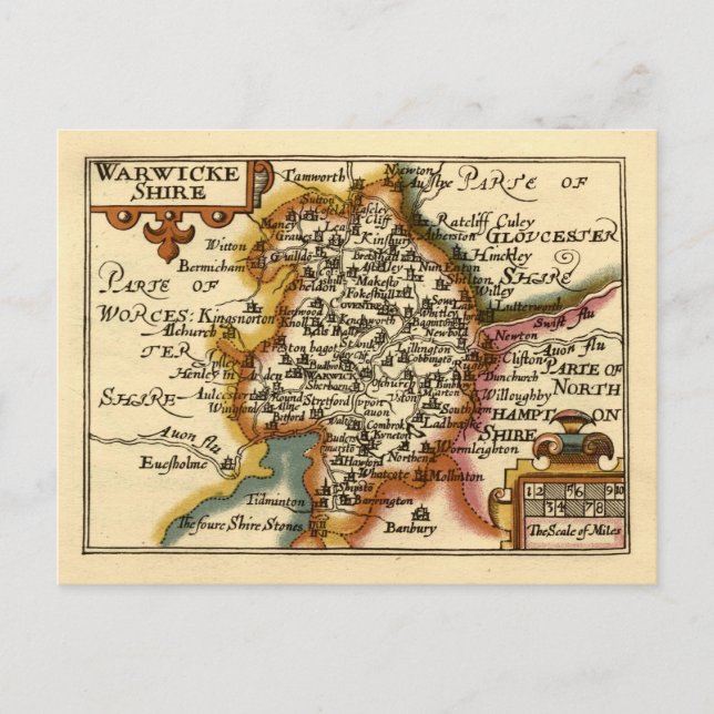 Postal Warwickshire County England Mapa anticuario antigu (Anverso)