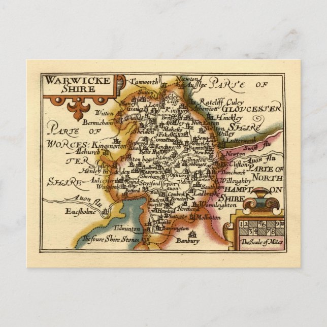 Postal Warwickshire County England Mapa anticuario antigu (Anverso)