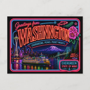 Postal Washington Neon Estado Retro Vintage