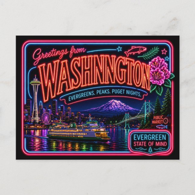Postal Washington Neon Estado Retro Vintage (Anverso)