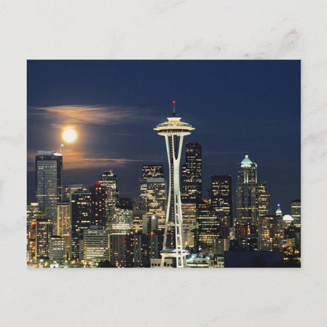 Postal Washington, Seattle, Silueta por la noche desde Ke (Anverso)
