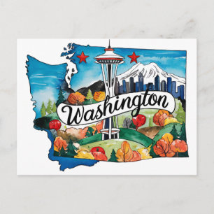 Postal Washington USA Estado Forma Acuarela Vintage