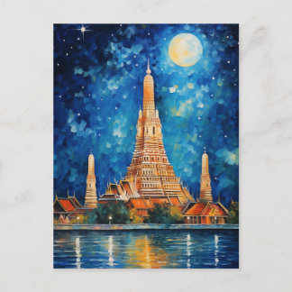 Postal Wat Arun Bangkok Tailandia Templo Noche Acuarela
