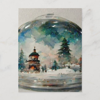 Postal Waterclor Snowglobe en los Navidades