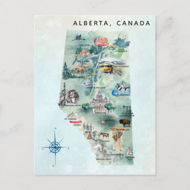 Postal Watercolor Alberta Canada Ilustration Map Art (Anverso)