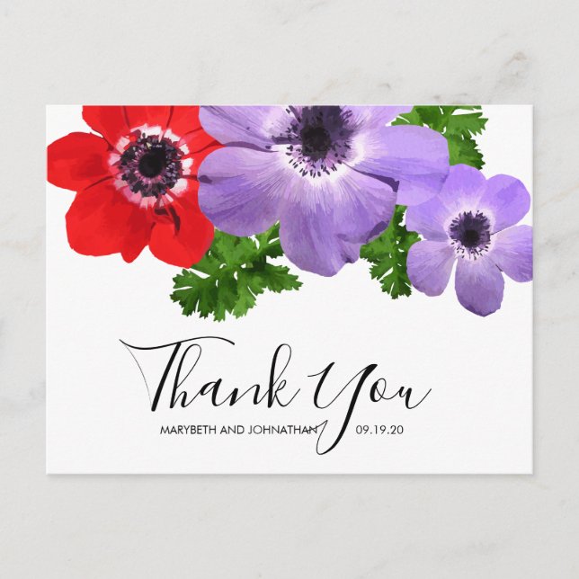 Postal Watercolor Anemone Floral Gracias Postcard (Anverso)