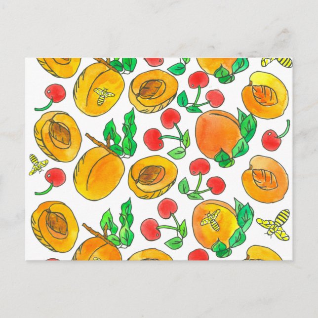 Postal Watercolor Apricot Fruit Cherries Abejas (Anverso)