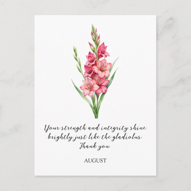 POSTAL WATERCOLOR AUGUST GLADIOLUS BIRTH FLOWER (Anverso)