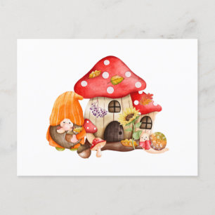 Postal Watercolor Autumn Gnome y Mushroom House