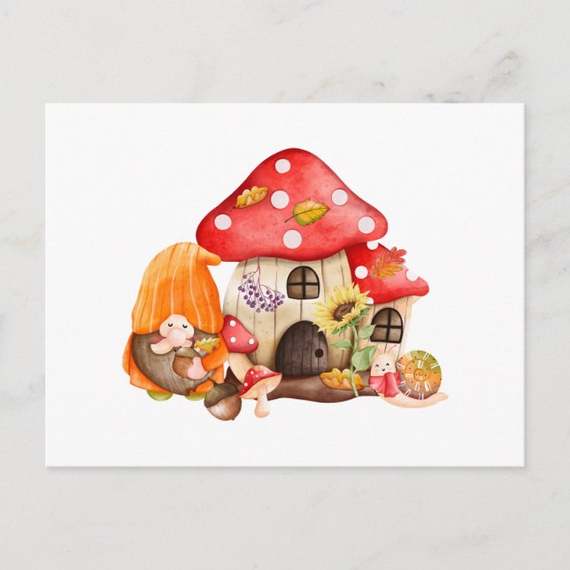 Postal Watercolor Autumn Gnome y Mushroom House (Anverso)