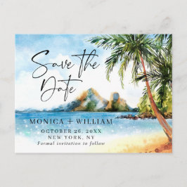 Postal Watercolor Beach Sea Palm Tree Save the Date