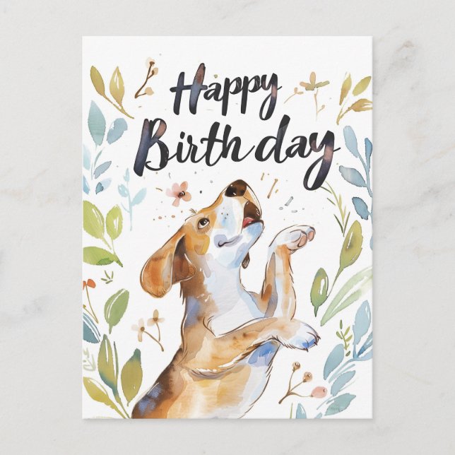 Postal Watercolor Beagle dog Birthday (Anverso)