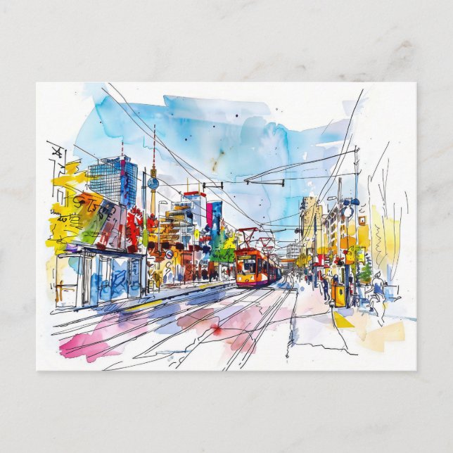 Postal Watercolor Berlin Mitte Tram Colorful Facades (Anverso)