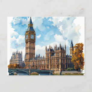 Postal Watercolor Big Ben Westminster Palace Londres