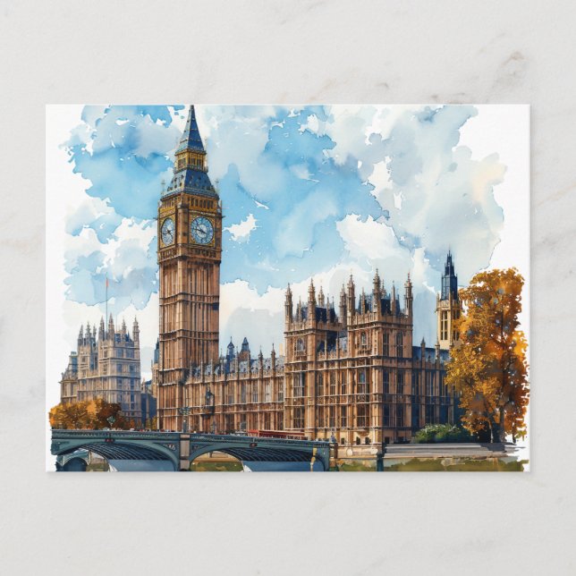 Postal Watercolor Big Ben Westminster Palace Londres (Anverso)