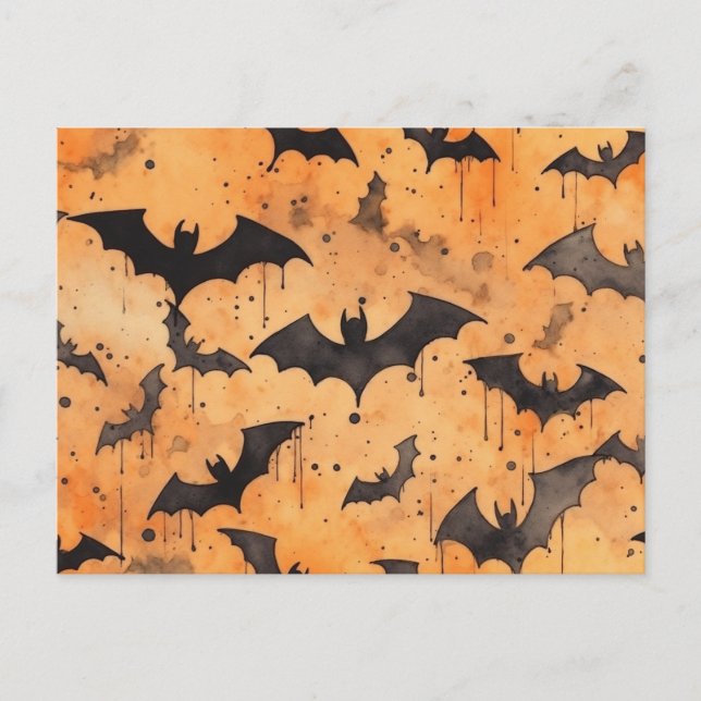 Postal Watercolor Black Bats en el Naranja (Anverso)