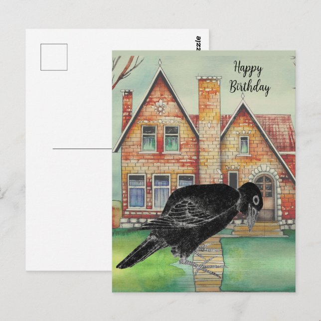 Postal Watercolor Black Crow House Script Nombre | (Anverso / Reverso)