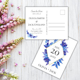 Postal Watercolor Blue Flower Wedding Guardar la fecha
