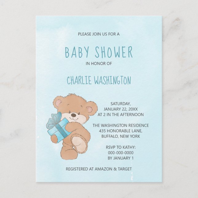 Postal Watercolor Blue Simple Teddy Bear Baby Shower (Anverso)