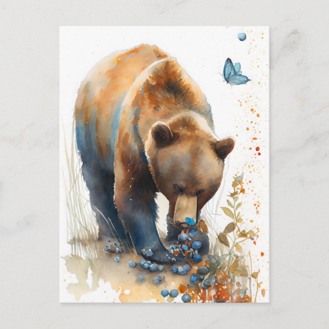 Postal Watercolor Brown Bear Comer Blueberries (Anverso)
