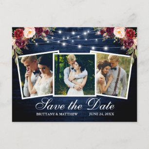 Postal Watercolor Burgundy Floral Blue Wood 3 Foto