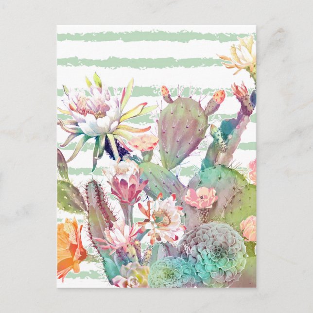 Postal Watercolor Cactus Floral Stripes Design (Anverso)