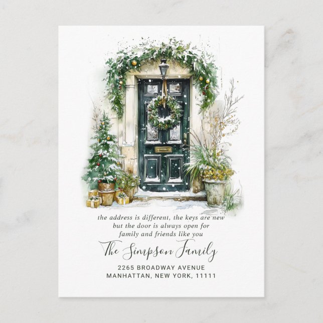 Postal Watercolor Christmas Door  Moving Announcement (Anverso)