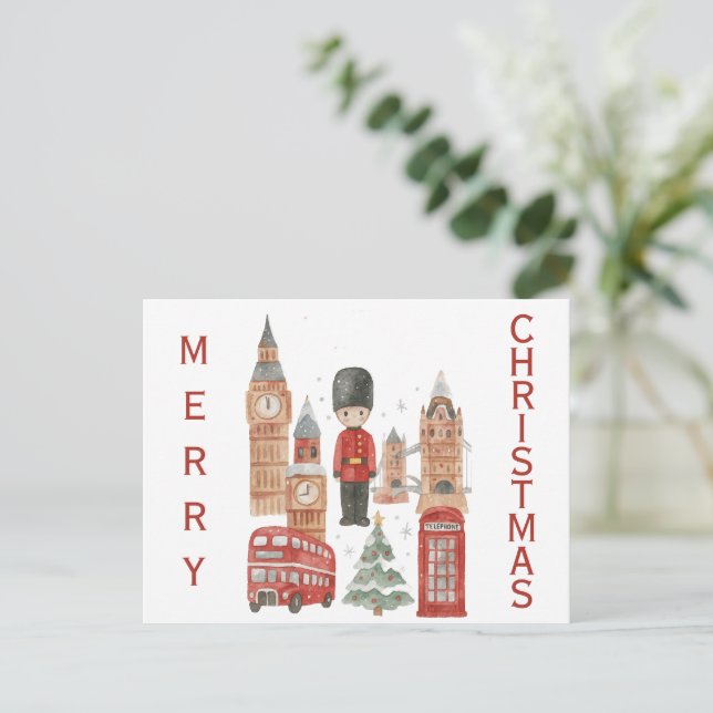 Postal Watercolor Christmas in London Red Bus, Big Ben (Anverso de pie)