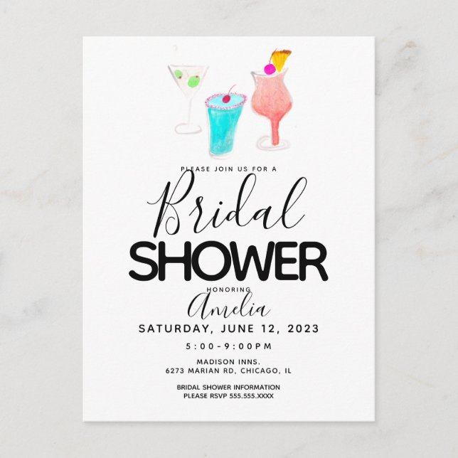 Postal Watercolor Cocktail Pintado Bridal Shower Fiesta (Anverso)