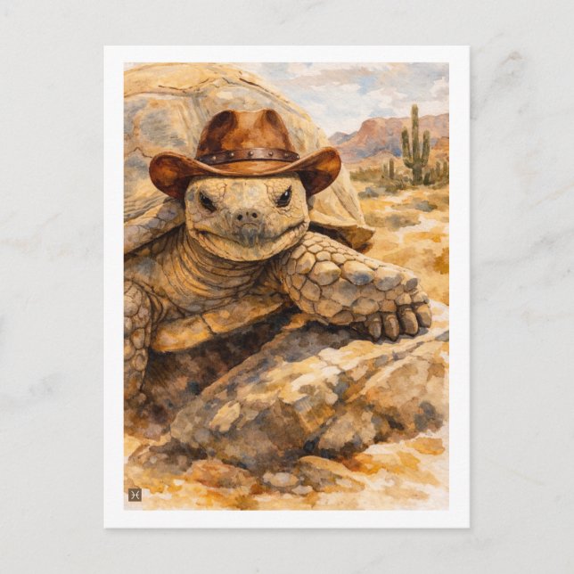 Postal Watercolor Cowboy Turtle in the desert (Anverso)