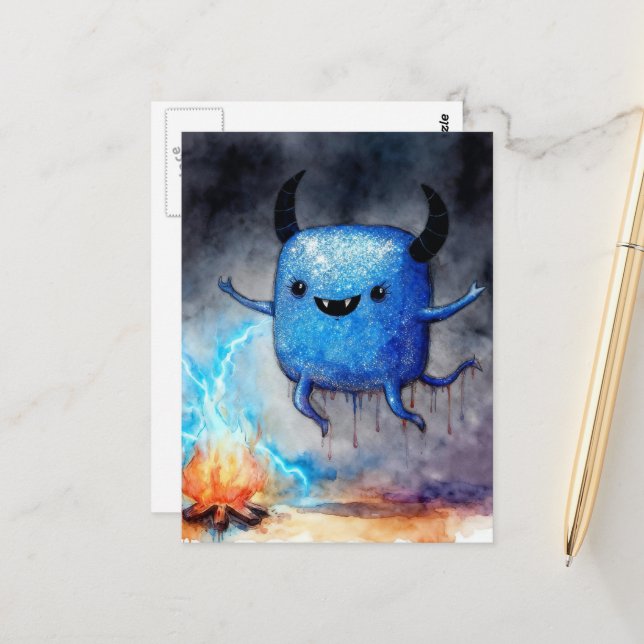 Postal Watercolor Cute Blue Monster and a Campfire (Anverso/Reverso In Situ)