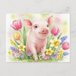 Postal Watercolor Cute Flores De Cerdo Jóvenes Animales P