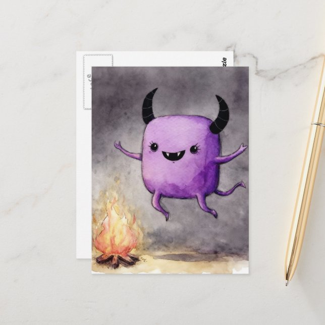 Postal Watercolor Cute Purple Monster and a Campfire (Anverso/Reverso In Situ)