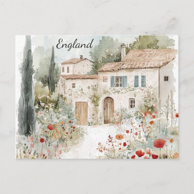Postal Watercolor de los campos de la aldea inglesa (Anverso)