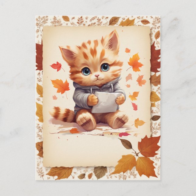 Postal Watercolor de otoño Kitten sosteniendo una carta - (Anverso)