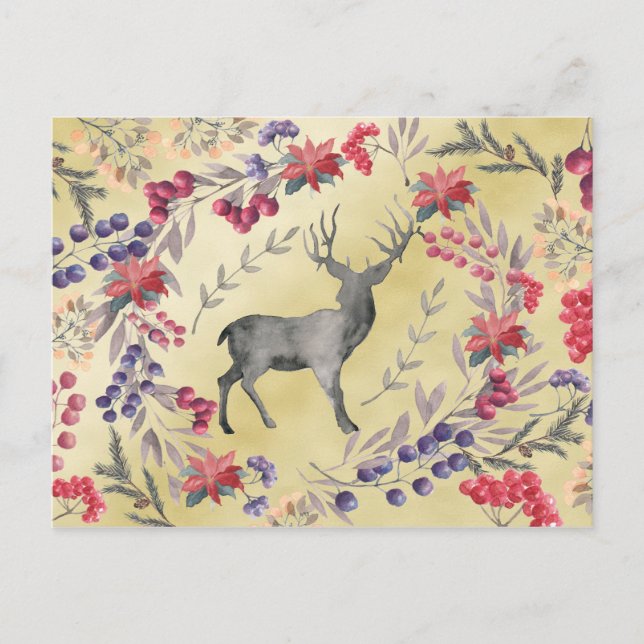 Postal Watercolor Deer Winter Berries Gold (Anverso)