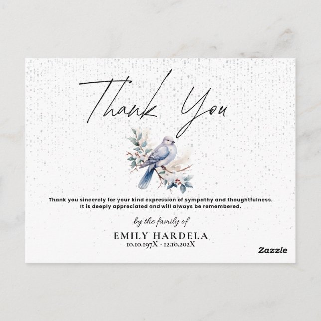 Postal Watercolor Dove Funeral Simple Script Gracias Card (Reverso)