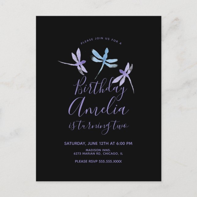 Postal Watercolor Dragonfly Purple Black Birday Party (Anverso)