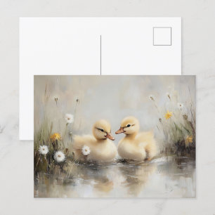 Postal Watercolor Ducklings Dandelion Flowers